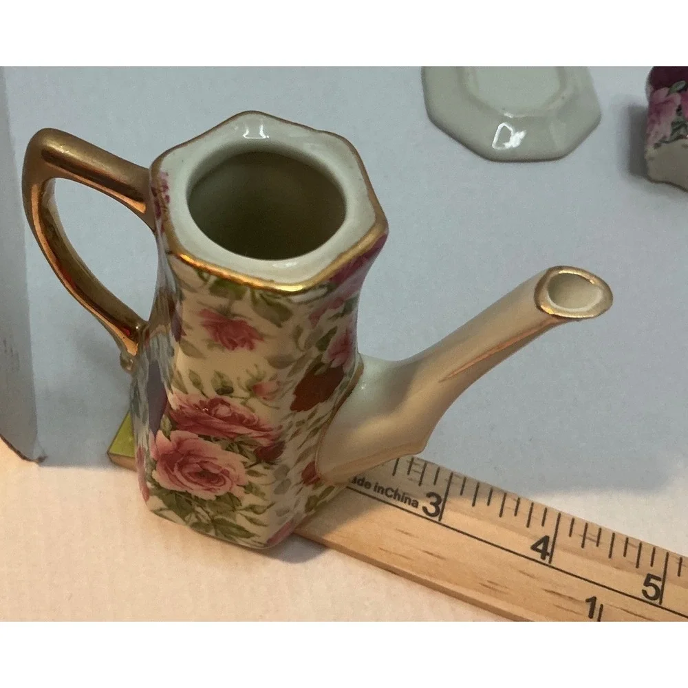 Vintage Miniature Tea Set Porcelain Rose Floral Gold Trim 6pc Set